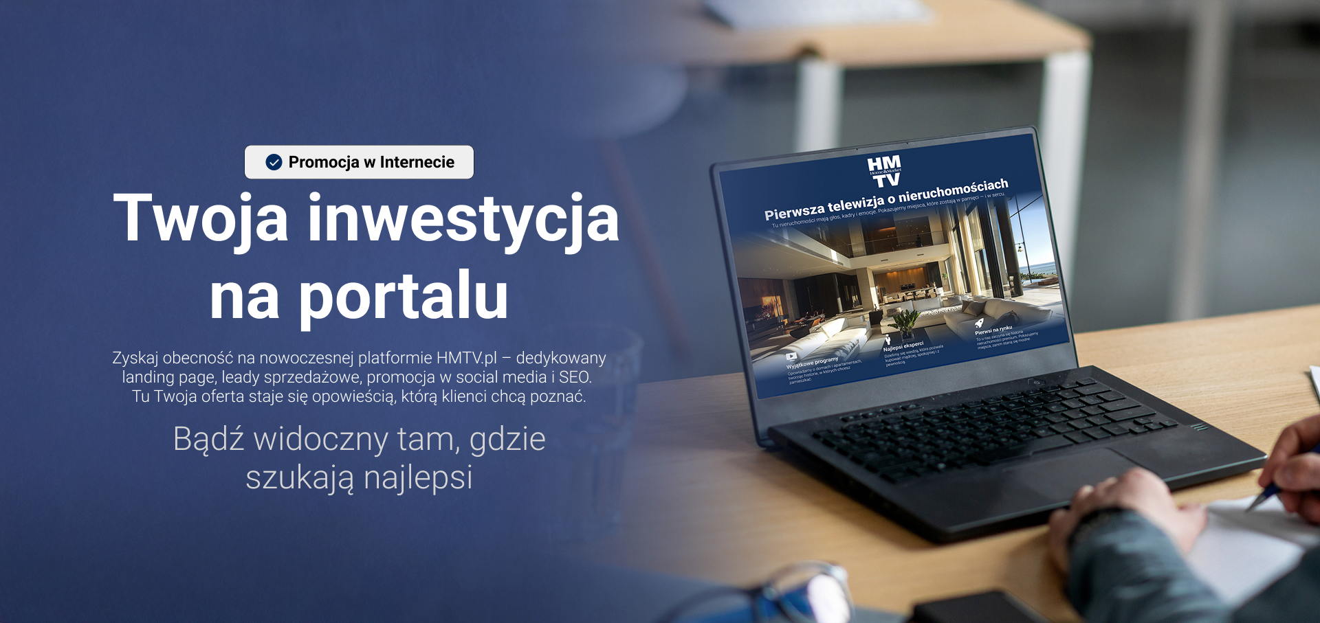 Promocja inwestycji deweloperskiej w Internecie – portal HMTV.pl z landing page, leadami i SEO, laptop z prezentacją oferty