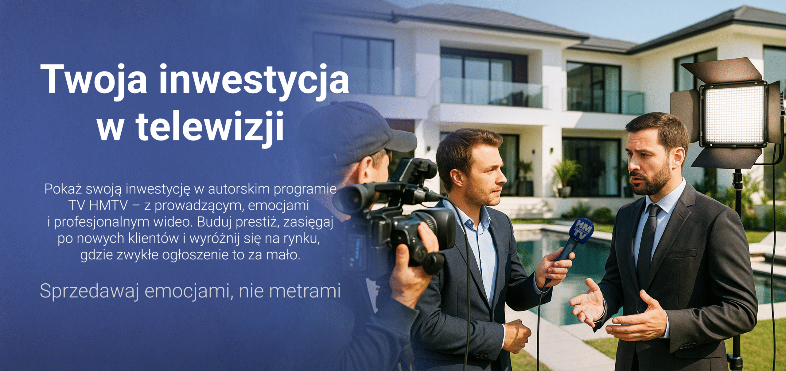 Promocja inwestycji deweloperskiej w telewizji HMTV – wywiad na tle luksusowej nieruchomości, ekipa filmowa i oświetlenie