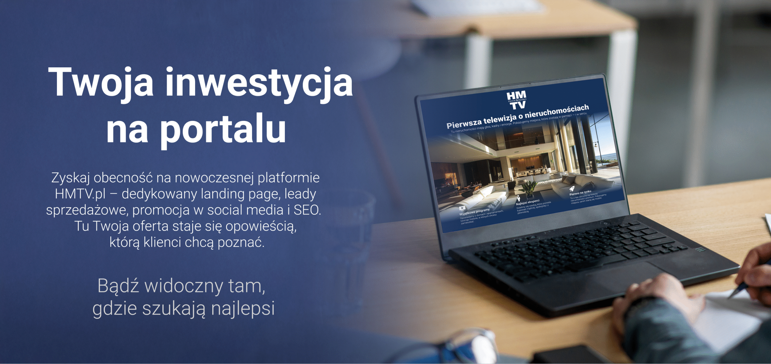 Promocja inwestycji deweloperskiej w Internecie – portal HMTV.pl z landing page, leadami i SEO, laptop z prezentacją oferty