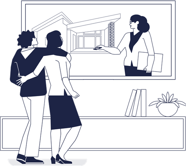 ilustracja pary oglądającej wirtualną prezentację nieruchomości prowadzoną przez agentkę