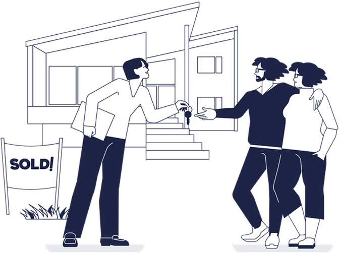 ilustracja agenta przekazującego klucze nowym właścicielom przed sprzedanym domem