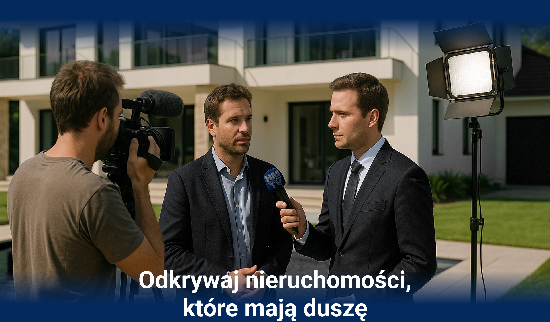 reporter HMTV przeprowadza wywiad z ekspertem przed luksusową nieruchomością