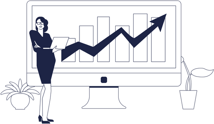 Wzrost wyników marketingu nieruchomości – konsultantka przy monitorze z rosnącym wykresem